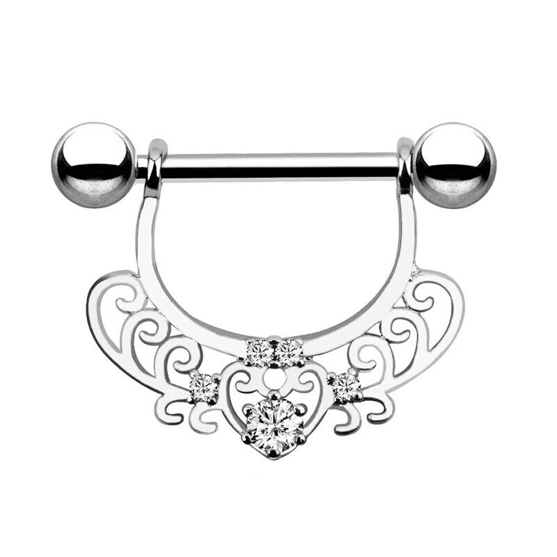 Pair Crystal Gem Nipple Ring Surgical Steel Zircon Piercing Bar Shield Piercing