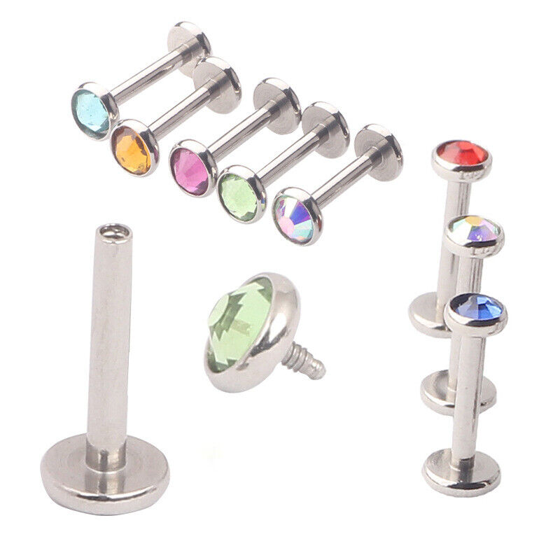 2pc Internally Threaded 3mm 4mm Crystal Ball Lip Bar Labret Tragus Stud Piercing