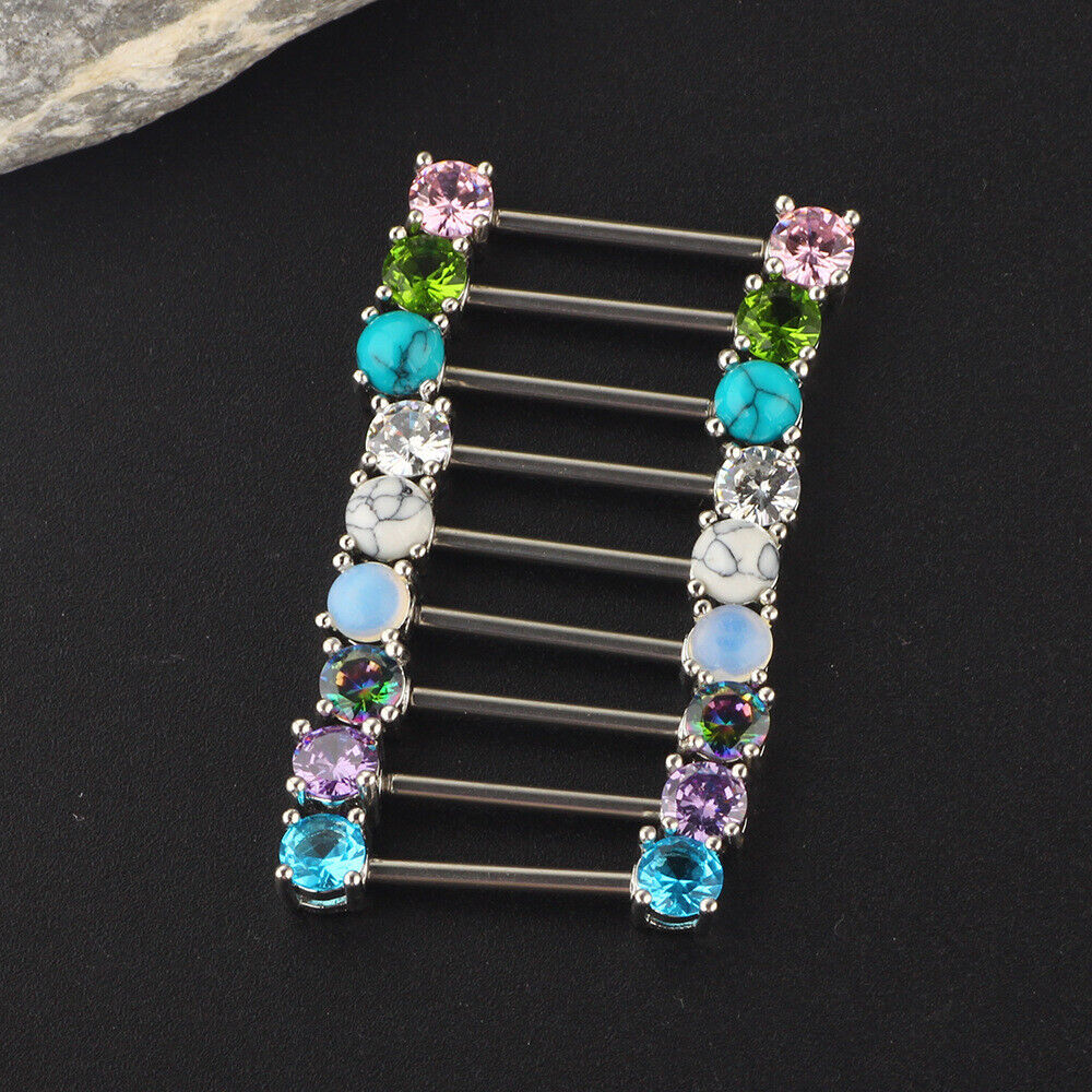2pc Surgical Steel Nipple Bar Ring Opal Zircon Shield Body Piercing Jewellery