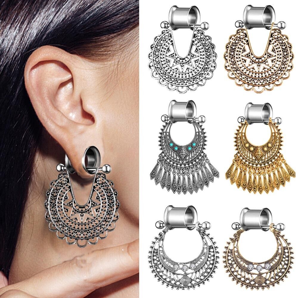 1 Pair Flesh Tunnel Boho Bohemia Floral Dangle Ear Plug Double Flared Stretcher
