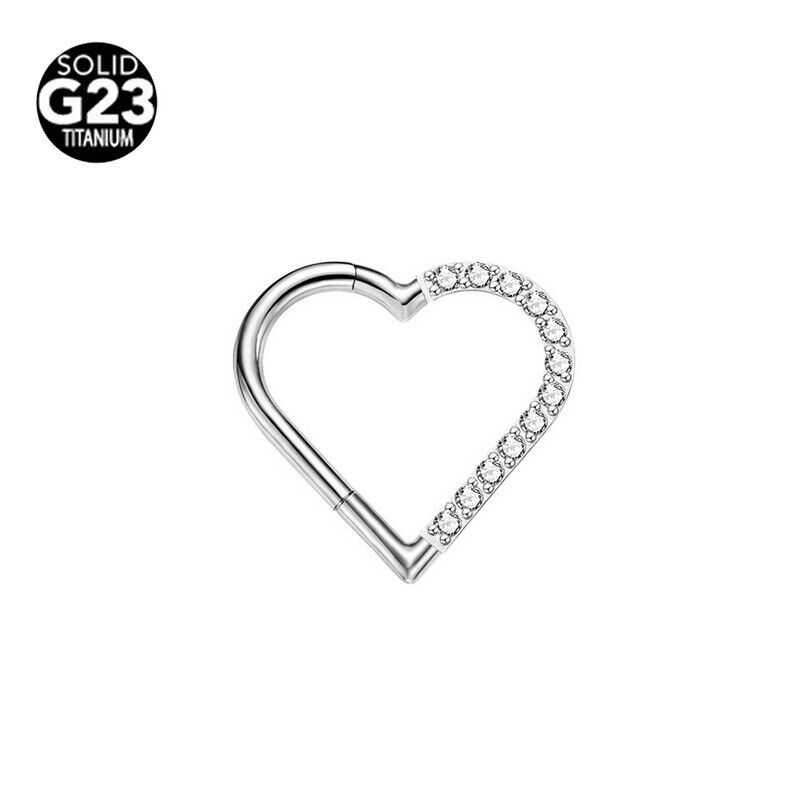 G23 Titanium Steel Love Heart Nose Ring Zircon Hinge Septum Hoop Ear Piercing