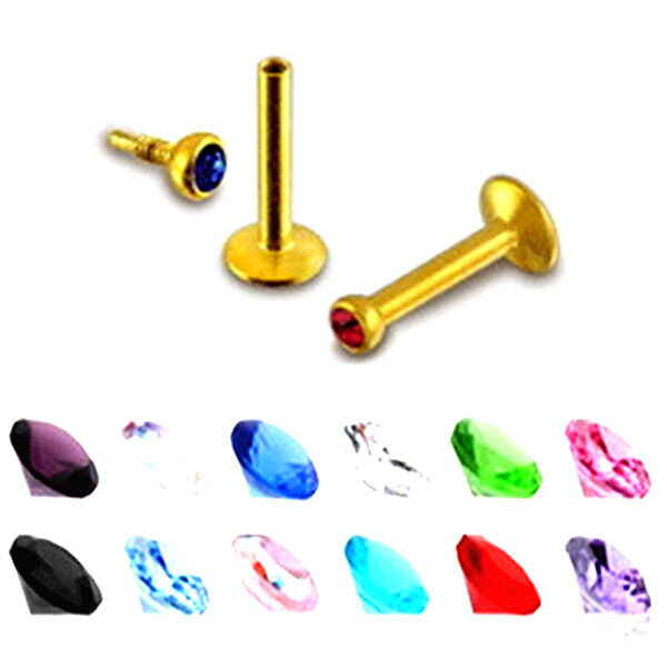 2X Gold Internal Thread Labret Monroe Tragus Cartilage Piercing Lip Ear Gem Ring