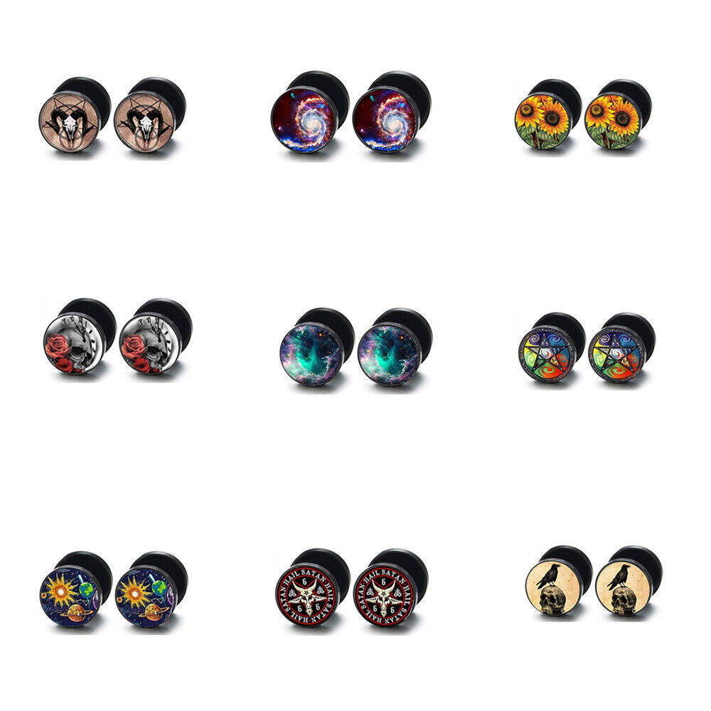 2pc Steel Multi Pattern Black Fake Ear Plug Flesh Tunnel Stud Earring Piercing