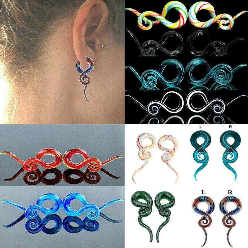 Pair Colorful Snail Spiral Glass Hook Taper Ear Plug Earring Expander Stretcher