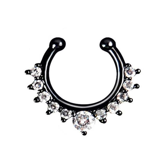 Crystal Zircon Stud Nose Ring Surgical Steel Bar Septum Hanger Clip Piercing 16g