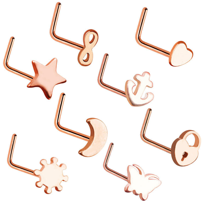 8pc Set 20g Black Silver Rose Gold Heart Star Nose Stud Ring Piercing Jewellery