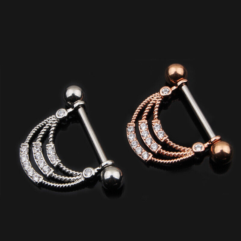 Pair Crystal Gem Nipple Ring Surgical Steel Zircon Piercing Bar Shield Piercing