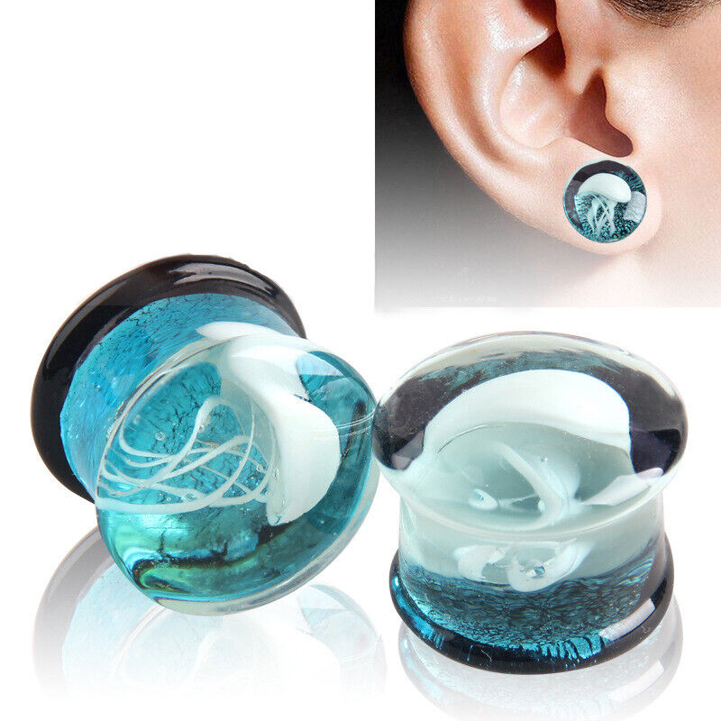 2PC Glass Ear Plug Jellyfish Double Flared Saddle Flesh Tunnel Stretcher Trumpet