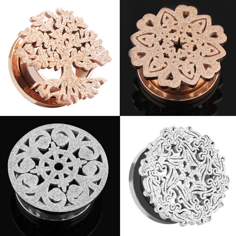 2X Steel Flesh Tunnel Frosted Flower Tree Ear Plug Stretcher Screw Fit 6mm-16mm