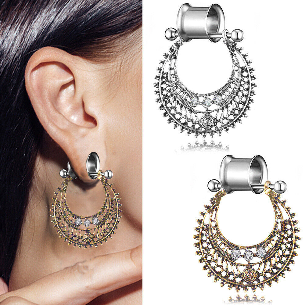 1 Pair Flesh Tunnel Boho Bohemia Floral Dangle Ear Plug Double Flared Stretcher