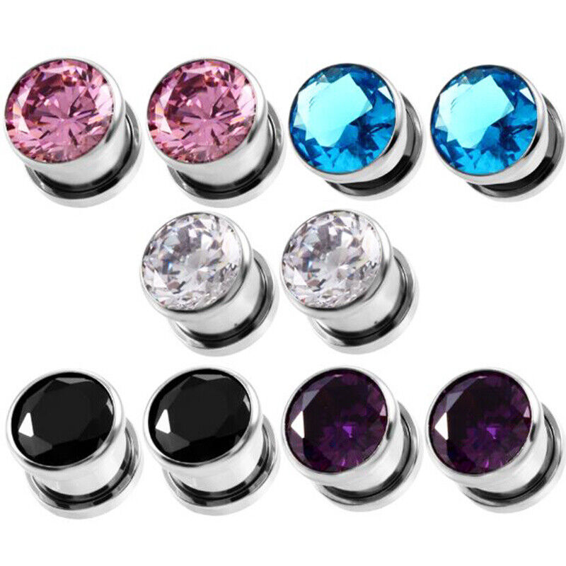 2PC Surgical Steel Zircon Crystal Screw Fit Flesh Tunnel Gauge Ear Plug Expander