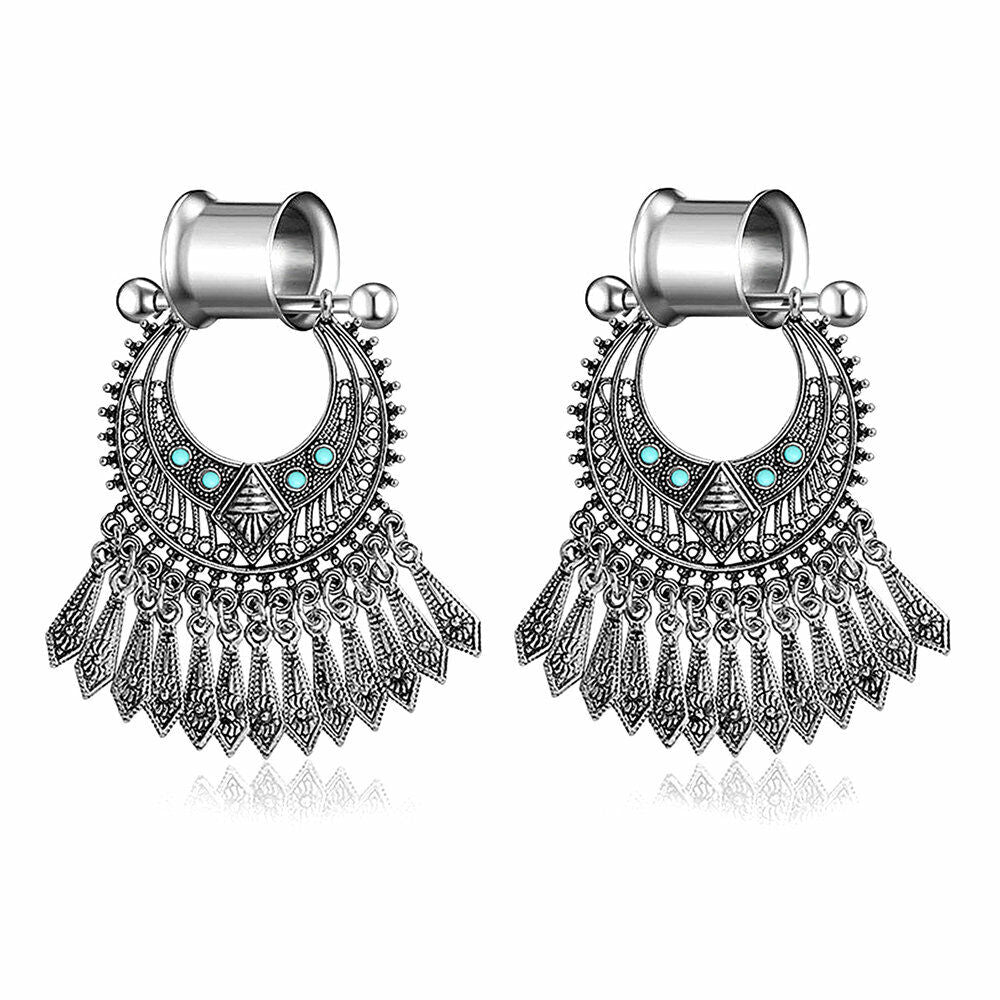 1 Pair Flesh Tunnel Boho Bohemia Floral Dangle Ear Plug Double Flared Stretcher