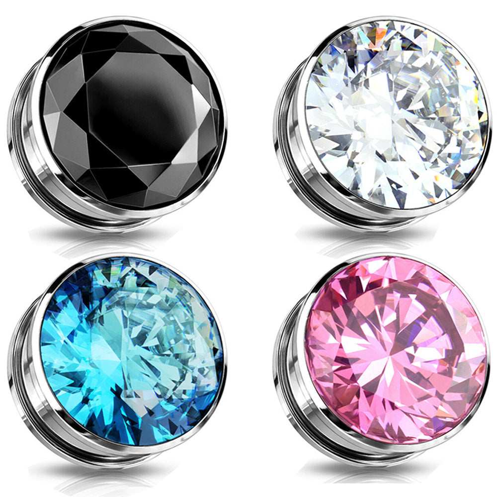2PC Surgical Steel Zircon Crystal Screw Fit Flesh Tunnel Gauge Ear Plug Expander